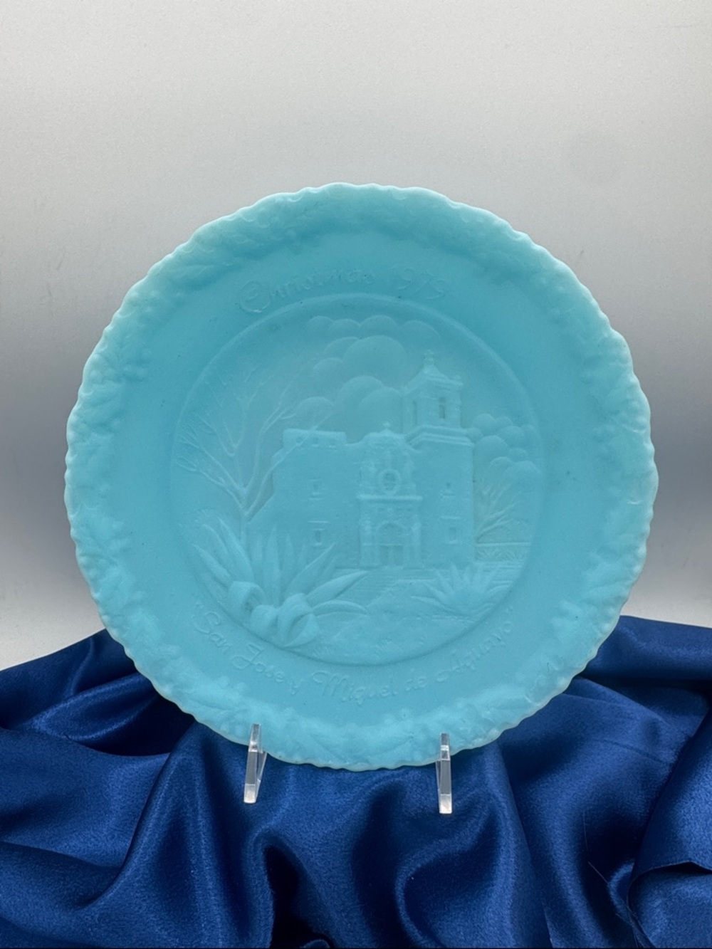 Fenton 8” Aqua Decorative Commemorative Plate -San Jose y Miguel de Aguayo; 1979